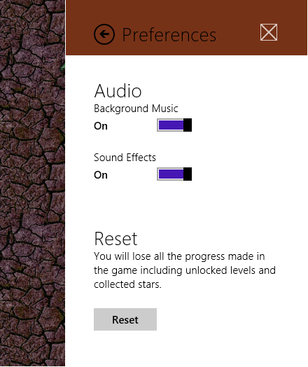 Reset Option shown in Settings Preferences